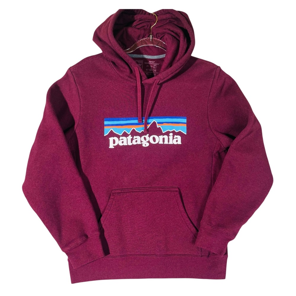 Patagonia Women Uprisal Logo Graphic Small Plum Maroon Recycled Blend Hoodie EUC